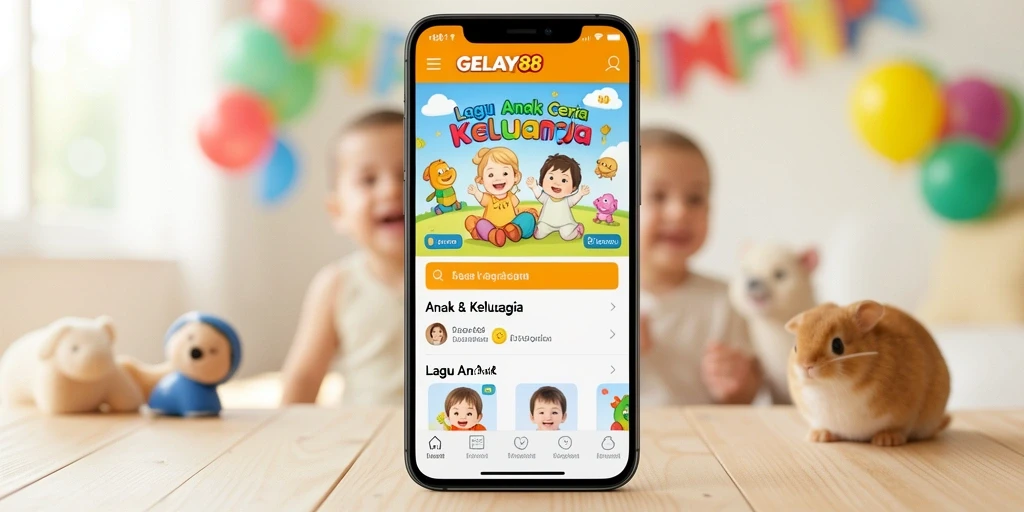 Tampilan antarmuka aplikasi GELAY88 dengan lagu anak yang ceria.